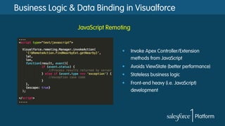 Business Logic & Data Binding in Visualforce
§  Invoke Apex Controller/Extension
methods from JavaScript
§  Avoids ViewState (better performance)
§  Stateless business logic
§  Front-end heavy (i.e. JavaScript)
development
JavaScript Remoting
 