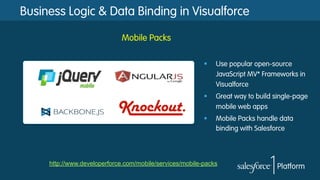 Business Logic & Data Binding in Visualforce
Mobile Packs
http://www.developerforce.com/mobile/services/mobile-packs
§  Use popular open-source
JavaScript MV* Frameworks in
Visualforce
§  Great way to build single-page
mobile web apps
§  Mobile Packs handle data
binding with Salesforce
 