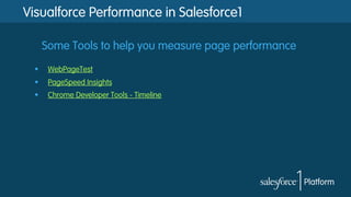 Visualforce Performance in Salesforce1
Some Tools to help you measure page performance
§  WebPageTest
§  PageSpeed Insights
§  Chrome Developer Tools - Timeline
 