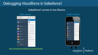 Salesforce1 comes in two flavors
http://yourinstance.salesforce.com/one/one.app
Web version Hybrid version
Debugging Visualforce in Salesforce1
 