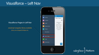Visualforce – Left Nav
Visualforce Pages in Left Nav
JavaScript navigation library available
sforce.one.navigateToSObject etc.
 