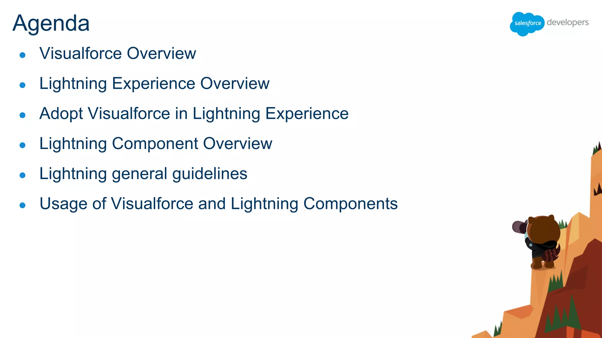 Agenda
● Visualforce Overview
● Lightning Experience Overview
● Adopt Visualforce in Lightning Experience
● Lightning Component Overview
● Lightning general guidelines
● Usage of Visualforce and Lightning Components
 