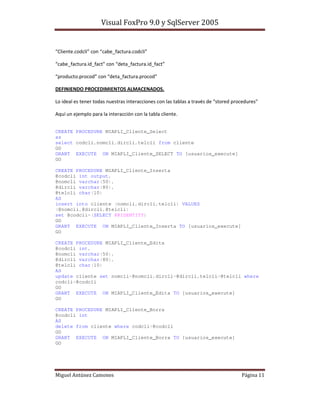 ).        !       *       )           0#         !       *

)        0#       ! 0#        *        )        0#       ! 0#    *

)             !       *           )        0#        !       *

     , % % ! &! -             1       % ! "$1 "- %" ! 2

$                                                                        )   *

=    3        "                                                      !


CREATE PROCEDURE MIAPLI_Cliente_Select
as
select codcli,nomcli,dircli,telcli from cliente
GO
GRANT EXECUTE ON MIAPLI_Cliente_SELECT TO [usuarios_execute]
GO

CREATE PROCEDURE MIAPLI_Cliente_Inserta
@codcli int output,
@nomcli varchar(50),
@dircli varchar(80),
@telcli char(10)
AS
insert into cliente (nomcli,dircli,telcli) VALUES
(@nomcli,@dircli,@telcli)
set @codcli=(SELECT @@IDENTITY)
GO
GRANT EXECUTE ON MIAPLI_Cliente_Inserta TO [usuarios_execute]
GO

CREATE PROCEDURE MIAPLI_Cliente_Edita
@codcli int,
@nomcli varchar(50),
@dircli varchar(80),
@telcli char(10)
AS
update cliente set nomcli=@nomcli,dircli=@dircli,telcli=@telcli where
codcli=@codcli
GO
GRANT EXECUTE ON MIAPLI_Cliente_Edita TO [usuarios_execute]
GO

CREATE PROCEDURE MIAPLI_Cliente_Borra
@codcli int
AS
delete from cliente where codcli=@codcli
GO
GRANT EXECUTE ON MIAPLI_Cliente_Borra TO [usuarios_execute]
GO




                                                                                 !!
 