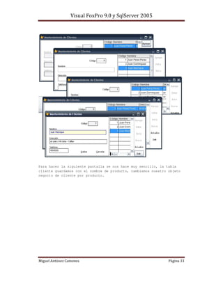 Para hacer la siguiente pantalla se nos hace muy sencillo, la tabla
cliente guardamos con el nombre de producto, cambiamos nuestro objeto
negocio de cliente por producto.




                                                                    ""
 