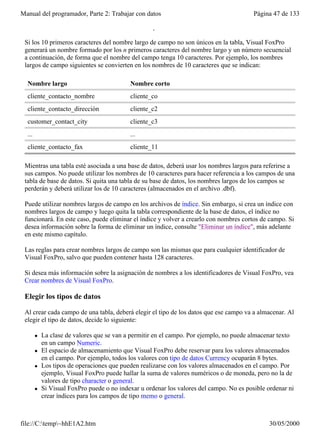 Manual del programador, Parte 2: Trabajar con datos                                       Página 47 de 133
 también en el archivo .dbf como nombre de campo.

 Si los 10 primeros caracteres del nombre largo de campo no son únicos en la tabla, Visual FoxPro
 generará un nombre formado por los n primeros caracteres del nombre largo y un número secuencial
 a continuación, de forma que el nombre del campo tenga 10 caracteres. Por ejemplo, los nombres
 largos de campo siguientes se convierten en los nombres de 10 caracteres que se indican:

  Nombre largo                              Nombre corto
  cliente_contacto_nombre                   cliente_co
  cliente_contacto_dirección                cliente_c2
  customer_contact_city                     cliente_c3
  ...                                       ...
  cliente_contacto_fax                      cliente_11

 Mientras una tabla esté asociada a una base de datos, deberá usar los nombres largos para referirse a
 sus campos. No puede utilizar los nombres de 10 caracteres para hacer referencia a los campos de una
 tabla de base de datos. Si quita una tabla de su base de datos, los nombres largos de los campos se
 perderán y deberá utilizar los de 10 caracteres (almacenados en el archivo .dbf).

 Puede utilizar nombres largos de campo en los archivos de índice. Sin embargo, si crea un índice con
 nombres largos de campo y luego quita la tabla correspondiente de la base de datos, el índice no
 funcionará. En este caso, puede eliminar el índice y volver a crearlo con nombres cortos de campo. Si
 desea información sobre la forma de eliminar un índice, consulte "Eliminar un índice", más adelante
 en este mismo capítulo.

 Las reglas para crear nombres largos de campo son las mismas que para cualquier identificador de
 Visual FoxPro, salvo que pueden contener hasta 128 caracteres.

 Si desea más información sobre la asignación de nombres a los identificadores de Visual FoxPro, vea
 Crear nombres de Visual FoxPro.

 Elegir los tipos de datos

 Al crear cada campo de una tabla, deberá elegir el tipo de los datos que ese campo va a almacenar. Al
 elegir el tipo de datos, decide lo siguiente:

        l   La clase de valores que se van a permitir en el campo. Por ejemplo, no puede almacenar texto
            en un campo Numeric.
        l   El espacio de almacenamiento que Visual FoxPro debe reservar para los valores almacenados
            en el campo. Por ejemplo, todos los valores con tipo de datos Currency ocuparán 8 bytes.
        l   Los tipos de operaciones que pueden realizarse con los valores almacenados en el campo. Por
            ejemplo, Visual FoxPro puede hallar la suma de valores numéricos o de moneda, pero no la de
            valores de tipo character o general.
        l   Si Visual FoxPro puede o no indexar u ordenar los valores del campo. No es posible ordenar ni
            crear índices para los campos de tipo memo o general.

            Sugerencia Para los números de teléfono, números de pieza y otros números que no vaya a
file://C:temp~hhE1A2.htm                                                                     30/05/2000
 