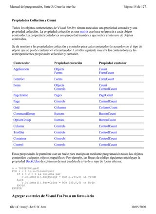Manual del programador, Parte 3: Crear la interfaz                                    Página 14 de 127



 Propiedades Collection y Count

 Todos los objetos contenedores de Visual FoxPro tienen asociadas una propiedad contador y una
 propiedad colección. La propiedad colección es una matriz que hace referencia a cada objeto
 contenido. La propiedad contador es una propiedad numérica que indica el número de objetos
 contenidos.

 Se da nombre a las propiedades colección y contador para cada contenedor de acuerdo con el tipo de
 objeto que se puede contener en el contenedor. La tabla siguiente muestra los contenedores y las
 correspondientes propiedades colección y contador.

  Contenedor                     Propiedad colección               Propiedad contador
  Application                    Objects                           Count
                                 Forms                             FormCount
  FormSet                        Forms                             FormCount
  Form                           Objects                           Count
                                 Controls                          ControlCount
  PageFrame                      Pages                             PageCount
  Page                           Controls                          ControlCount
  Grid                           Columns                           ColumnCount
  CommandGroup                   Buttons                           ButtonCount
  OptionGroup                    Buttons                           ButtonCount
  Column                         Controls                          ControlCount
  ToolBar                        Controls                          ControlCount
  Container                      Controls                          ControlCount
  Control                        Controls                          ControlCount

 Estas propiedades le permiten usar un bucle para manipular mediante programación todos los objetos
 contenidos o algunos objetos específicos. Por ejemplo, las líneas de código siguientes establecen la
 propiedad BackColor de columnas de una cuadrícula a verde y rojo de forma alterna:

 o = THISFORM.grd1
 FOR i = 1 to o.ColumnCount
    IF i % 2 = 0 && Columna par
        o.Columns(i).BackColor = RGB(0,255,0) && Verde
    ELSE
        o.Columns(i).BackColor = RGB(255,0,0) && Rojo
    ENDIF
 ENDFOR

 Agregar controles de Visual FoxPro a un formulario

file://C:temp~hh572C.htm                                                                 30/05/2000
 