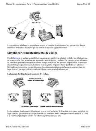 Manual del programador, Parte 1: Programación en Visual FoxPro                           Página 36 de 83




 La creación de subclases es un modo de reducir la cantidad de código que hay que escribir. Puede
 comenzar definiendo un objeto que sea similar al deseado y personalizarlo.

 Simplificar el mantenimiento de código
 Con la herencia, si realiza un cambio en una clase, ese cambio se reflejará en todas las subclases que
 se basen en ella. Esta actualización automática ahorra tiempo y trabajo. Por ejemplo, si un fabricante
 de teléfonos quisiera cambiar los teléfonos de tipo marcación por aparatos de pulsación, se ahorraría
 mucho trabajo si pudiera hacer el cambio en el diagrama original y hacer que todos los teléfonos
 fabricados anteriormente con ese diagrama heredaran automáticamente la nueva característica, en
 lugar de tener que agregarla a todos los teléfonos existentes individualmente.

 La herencia facilita el mantenimiento del código.




 La herencia no funciona con el hardware, pero sí en el software. Si descubre un error en una clase, en
 lugar de tener que cambiar el código de todas las subclases podrá corregirlo una única vez en la clase
 y el cambio se propagará a todas las subclases pertenecientes a ella.




file://C:temp~hh52BB.htm                                                                    30/05/2000
 