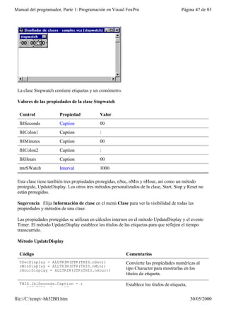 Manual del programador, Parte 1: Programación en Visual FoxPro                           Página 47 de 83




 La clase Stopwatch contiene etiquetas y un cronómetro.

 Valores de las propiedades de la clase Stopwatch

  Control              Propiedad            Valor
  lblSeconds           Caption              00
  lblColon1            Caption              :
  lblMinutes           Caption              00
  lblColon2            Caption              :
  lblHours             Caption              00
  tmrSWatch            Interval             1000

 Esta clase tiene también tres propiedades protegidas, nSec, nMin y nHour, así como un método
 protegido, UpdateDisplay. Los otros tres métodos personalizados de la clase, Start, Stop y Reset no
 están protegidos.

 Sugerencia Elija Información de clase en el menú Clase para ver la visibilidad de todas las
 propiedades y métodos de una clase.

 Las propiedades protegidas se utilizan en cálculos internos en el método UpdateDisplay y el evento
 Timer. El método UpdateDisplay establece los títulos de las etiquetas para que reflejen el tiempo
 transcurrido.

 Método UpdateDisplay

  Código                                                  Comentarios
  CSecDisplay = ALLTRIM(STR(THIS.nSec))                   Convierte las propiedades numéricas al
  cMinDisplay = ALLTRIM(STR(THIS.nMin))
  cHourDisplay = ALLTRIM(STR(THIS.nHour))                 tipo Character para mostrarlas en los
                                                          títulos de etiqueta.

  THIS.lblSeconds.Caption = ;                             Establece los títulos de etiqueta,
     IIF(THIS.nSec < 10, ;

file://C:temp~hh52BB.htm                                                                     30/05/2000
 