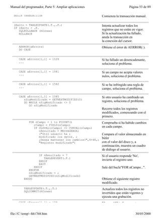 Manual del programador, Parte 5: Ampliar aplicaciones                          Página 53 de 89

  BEGIN TRANSACTION                                       Comienza la transacción manual.

  lExito = TABLEUPDATE(.T.,.F.)                           Intenta actualizar todos los
  IF lExito = .F.
     SQLROLLBACK (hConex)                                 registros que no están en vigor.
     ROLLBACK                                             Si la actualización ha fallado,
                                                          anula la transacción en
                                                          la conexión del cursor.
      AERROR(aErrors)                                     Obtiene el error de AERROR( ).
      DO CASE


      CASE aErrors[1,1] = 1539                            Si ha fallado un desencadenante,
      ...
                                                          soluciona el problema.

      CASE aErrors[1,1] = 1581                            Si un campo no acepta valores
      ...
                                                          nulos, soluciona el problema.

      CASE aErrors[1,1] = 1582                            Si se ha infringido una regla de
      ...
                                                          campo, soluciona el problema.

      CASE aErrors[1,1] = 1585                            Si otro usuario ha cambiado un
         nSigModificado = GETNEXTMODIFIED(0)
         DO WHILE nSigModificado <> 0                     registro, soluciona el problema.
            GO nSigModificado
                                                          Recorre todos los registros
                                                          modificados, comenzando con el
                                                          primero.
             FOR nCampo = 1 to FCOUNT()                   Comprueba si ha habido cambios
                cCampo = FIELD(nCampo)
                IF OLDVAL(cCampo) <> CURVAL(cCampo)       en cada campo.
                   nResultado = MESSAGEBOX;
                   ("Otro usuario ha ;                    Compara el valor almacenado en
                   modificado los datos. ;                búfer
                   ¿Desea mantener los cambios?",4+48,;
                   "Registro modificado")                 con el valor del disco y, a
                                                          continuación, muestra un cuadro
                                                          de diálogo al usuario.
                   IF nResultado = 7                      Si el usuario responde 'No',
                      TABLEREVERT(.F.)
                   ENDIF                                  invierte el registro uno.
                   EXIT
               ENDIF                                      Sale del bucle"FOR nCampo...".
            ENDFOR
            nSigModificado = ;
            GETNEXTMODIFIED(nSigModificado)
         ENDDO                                            Obtiene el siguiente registro
                                                          modificado.
         TABLEUPDATE(.T.,.T.)                             Actualiza todos los registros no
         SQLCOMMIT(hConex)
                                                          invertidos que están vigentes y
                                                          ejecuta una grabación.
      CASE aErrors[1,1] = 109                             El error 109 indica que otro


file://C:temp~hh1768.htm                                                         30/05/2000
 