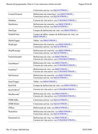 Manual del programador, Parte 6: Crear soluciones cliente-servidor                       Página 50 de 80


                                Conexiones activas: vea SQLGETPROP( ).
  ConnectTimeout                Definiciones de conexiones: vea DBSETPROP( ).
                                Conexiones activas: vea SQLSETPROP( ).
  Database                      Cursores de vista activa: vea CURSORGETPROP( ).
  DataSource                    Definiciones de conexión: vea DBSETPROP( ).
                                Conexiones activas: vea SQLGETPROP( ).
  DataType                      Campos de definiciones de vista: vea DBSETPROP( ).
  DefaultValue                  Campos de tablas, campos de definiciones de vista: vea
                                DBSETPROP( ).
  DeleteTrigger                 Tablas: vea DBGETPROP( ).
  DispLogin                     Definiciones de conexión: vea DBSETPROP( ).
                                Conexiones activas: vea SQLSETPROP( ).
  DispWarnings                  Definiciones de conexión: vea DBSETPROP( ).
                                Conexiones activas: vea SQLSETPROP( ).
  FetchAsNeeded                 Definiciones de vista: vea DBSETPROP( ).
                                Cursores de vista activa: vea CURSORGETPROP( ).

  FetchMemo1                    Definiciones de vista: vea DBSETPROP( ).
                                Cursores de vista activa: vea CURSORGETPROP( ).

  FetchSize1                    Definiciones de vista: vea DBSETPROP( ).
                                Cursores de vista activa: vea CURSORSETPROP( ).
  IdleTimeout                   Definiciones de conexión: vea DBSETPROP( ).
                                Conexiones activas: vea SQLSETPROP( ).
  InsertTrigger                 Tablas: vea DBGETPROP( ).
  KeyField                      Campos de definiciones de vista: vea DBSETPROP( ).

  KeyFieldList2                 Cursores de vista activa: vea CURSORSETPROP( ).

  MaxRecords1                   Definiciones de vista: vea DBSETPROP( ).
                                Cursores de vista activa: vea CURSORSETPROP( ).
  ODBCHdbc                      Conexiones activas: vea SQLGETPROP( ).
  ODBCHstmt                     Conexiones activas: vea SQLGETPROP( ).
  Offline                       Definiciones de vista: vea DBGETPROP( ).
  PacketSize                    Definiciones de conexión: vea DBSETPROP( ).
                                Conexiones activas: vea SQLSETPROP( ).
  ParameterList                 Definiciones de vista: vea DBSETPROP( ).
                                Cursores de vista activa: vea CURSORSETPROP( ).



file://C:temp~hh8A68.htm                                                                   30/05/2000
 