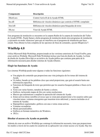 Manual del programador, Parte 7: Crear archivos de Ayuda                                    Página 7 de 24



  Componente                     Descripción
  Hhctrl.ocx                     Control ActiveX de la Ayuda HTML
  Itss.dll                       Biblioteca de vínculos dinámicos que controla el HTML compilado
  Itircl.dll                     Biblioteca de vínculos dinámicos para búsquedas de texto
  Hh.exe                         Visor de Ayuda HTML

 Este programa de instalación se encuentra en la carpeta Redist de la carpeta de instalación del Taller
 de Ayuda HTML. Puede llamar a dicho programa de instalación desde otros programas de instalación
 y ejecutarlo en modo 'silencioso' para que no interfiera con el programa de instalación que haya
 creado. Para obtener la lista completa de las opciones de línea de comandos, ejecute Hhupd.exe/?.

 WinHelp 4.0
 Utilice Microsoft Help Workshop, proporcionado en las versiones anteriores de Visual FoxPro, para
 crear archivos Winhelp. Microsoft Help Workshop incluye una Guía de diseño de Ayudas. La Guía
 de diseño de Ayudas (Hcw.hlp) es un archivo de Ayuda gráfica que contiene gran parte de la
 información necesaria para diseñar sistemas de Ayuda robustos.

 Elegir las funciones de Ayuda

 Los sistemas WinHelp puede tener algunas o todas las funciones siguientes:

     l   Una página de contenido que proporciona una vista jerárquica de los temas del sistema de
         Ayuda.
     l   Un índice, basado en las palabras clave que usted proporcione, que guía al usuario hasta una
         información específica.
     l   Funciones de búsqueda de texto que permiten que los usuarios busquen palabras o frases en la
         Ayuda.
     l   Texto con varias fuentes, tamaños de fuente y colores.
     l   Gráficos, incluyendo mapas de bits con varias resoluciones.
     l   Macros que automatizan o amplían la operación del sistema de Ayuda.
     l   Zonas activas (áreas sensibles al mouse que se crean para proporcionar a los usuarios saltos que
         vinculan temas; ventanas emergentes que muestran texto adicional; y macros incluidas en el
         sistema de Ayuda).
     l   Hipergráficos segmentados: gráficos con una o varias zonas activas.
     l   Ventanas secundarias.
     l   Menús personalizables.
     l   Gráficos en formato metarchivo de Windows.
     l   .DLLs.

 Diseñar el acceso a la Ayuda en pantalla

 Además de crear un archivo WinHelp que contenga la información necesaria, tiene que proporcionar
 los medios a través de los cuales los usuarios de su aplicación van a tener acceso a la Ayuda. Hay tres


file://C:temp~hhCCF2.htm                                                                     30/05/2000
 