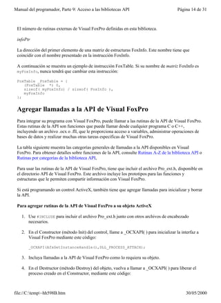 Manual del programador, Parte 9: Acceso a las bibliotecas API                             Página 14 de 31



 El número de rutinas externas de Visual FoxPro definidas en esta biblioteca.

 infoPtr

 La dirección del primer elemento de una matriz de estructuras FoxInfo. Este nombre tiene que
 coincidir con el nombre presentado en la instrucción FoxInfo.

 A continuación se muestra un ejemplo de instrucción FoxTable. Si su nombre de matriz FoxInfo es
 myFoxInfo, nunca tendrá que cambiar esta instrucción:

 FoxTable _FoxTable = {
    (FoxTable *) 0,
    sizeof( myFoxInfo) / sizeof( FoxInfo ),
    myFoxInfo
 };


 Agregar llamadas a la API de Visual FoxPro
 Para integrar su programa con Visual FoxPro, puede llamar a las rutinas de la API de Visual FoxPro.
 Estas rutinas de la API son funciones que puede llamar desde cualquier programa C o C++,
 incluyendo un archivo .ocx o .fll, que le proporciona acceso a variables, administrar operaciones de
 bases de datos y realizar muchas otras tareas específicas de Visual FoxPro.

 La tabla siguiente muestra las categorías generales de llamadas a la API disponibles en Visual
 FoxPro. Para obtener detalles sobre funciones de la API, consulte Rutinas A-Z de la biblioteca API o
 Rutinas por categorías de la biblioteca API,

 Para usar las rutinas de la API de Visual FoxPro, tiene que incluir el archivo Pro_ext.h, disponible en
 el directorio API de Visual FoxPro. Este archivo incluye los prototipos para las funciones y
 estructuras que le permiten compartir información con Visual FoxPro.

 Si está programando un control ActiveX, también tiene que agregar llamadas para inicializar y borrar
 la API.

 Para agregar rutinas de la API de Visual FoxPro a su objeto ActiveX

   1. Use #INCLUDE para incluir el archivo Pro_ext.h junto con otros archivos de encabezado
      necesarios.

   2. En el Constructor (método Init) del control, llame a _OCXAPI( ) para inicializar la interfaz a
      Visual FoxPro mediante este código:

       _OCXAPI(AfxGetInstanceHandle(),DLL_PROCESS_ATTACH);

   3. Incluya llamadas a la API de Visual FoxPro como lo requiera su objeto.

   4. En el Destructor (método Destroy) del objeto, vuelva a llamar a _OCXAPI( ) para liberar el
      proceso creado en el Constructor, mediante este código:



file://C:temp~hh598B.htm                                                                    30/05/2000
 