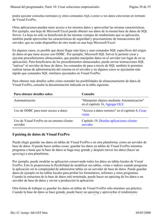 Manual del programador, Parte 10: Crear soluciones empresariales                        Página 30 de 35

 podrá ejecutar consultas normales (y otros comandos SQL) como si los datos estuvieran en formato
 de Visual FoxPro.

 Otras aplicaciones pueden tener acceso a los mismos datos y aprovechar las mismas características.
 Por ejemplo, una hoja de Microsoft Excel puede obtener sus datos de la misma base de datos de SQL
 Server. La hoja no sólo se beneficiará de las mismas ventajas de rendimiento que su aplicación,
 también puede aprovechar las características de seguridad y procesamiento de transacciones del
 servidor, que no están disponibles de otro modo en una hoja Microsoft Excel.

 En algunos casos, es posible que desee llegar más lejos y usar comandos SQL específicos del origen
 de datos al que tiene acceso con ODBC. Por ejemplo, Microsoft SQL Server le permite crear y
 ejecutar procedimientos almacenados, que pueden manipular datos en el servidor (en lugar de en su
 aplicación). Para beneficiarse de los procedimientos almacenados, puede enviar instrucciones SQL
 "nativas" al servidor de base de datos. los comandos de paso a través de SQL también le permiten
 realizar tareas de administración del sistema en el servidor y en algunos casos se ejecutarán más
 rápido que comandos SQL similares ejecutados en Visual FoxPro.

 Para obtener más detalles sobre cómo extender las posibilidades de almacenamiento de datos de
 Visual FoxPro, consulte la documentación indicada en la tabla siguiente.

  Para obtener detalles sobre                        Consulte
  Automatización                                     "Manipular objetos mediante Automatización"
                                                     en el capítulo 16, Agregar OLE
  Uso de ODBC para tener acceso a datos              "Acceso a datos remotos" en el capítulo 8, Crear
                                                     vistas
  Uso de Visual FoxPro en un entorno cliente-        Capítulo 19, Diseñar aplicaciones cliente-
  servidor                                           servidor

 Upsizing de datos de Visual FoxPro

 Puede elegir guardar sus datos en tablas de Visual FoxPro o en otra plataforma, como un servidor de
 base de datos. O puede hacer ambas cosas: guardar los datos en tablas de Visual FoxPro mientras
 programa o hasta que la base de datos se haga muy grande y después mover los datos (hacer un
 upsizing) a otra plataforma.

 Por ejemplo, puede modelar su aplicación conservando todos los datos en tablas locales de Visual
 FoxPro. Esto le proporciona la flexibilidad de modificar sus tablas, vistas e índices cuando programa
 la aplicación sin la complejidad de administrar tablas en un servidor de base de datos. Puede guardar
 datos de ejemplo en las tablas locales para probar los formularios, informes y otros programas.
 Cuando la estructura de la base de datos esté terminada, puede hacer un upsizing de los datos a un
 servidor de base de datos y enviar a producción la aplicación.

 Otra forma de trabajar es guardar los datos en tablas de Visual FoxPro sólo mientras sea práctico.
 Cuando la base de datos se hace grande, puede hacer un upsizing y aprovechar el rendimiento
 optimizado proporcionado por un servidor de base de datos. El punto en el que tiene sentido hacer un




file://C:temp~hh11EF.htm                                                                   30/05/2000
 