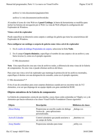 Manual del programador, Parte 11: Lo nuevo en Visual FoxPro                               Página 32 de 92



       archivo:c:mis documentospaginatest.htm

       archivo:c:mis documenotssarchword.doc

 Al resaltar el icono de vista Web en el panel Catálogo, la barra de herramientas se modifica para
 incluir los botones de navegación por el Web. La vista de Web reflejará la configuración del
 Explorador de Windows.

 Vistas a nivel de explorador

 Puede especificar un directorio como carpeta o catálogo de galería que tiene las características del
 Explorador de Windows.

 Para configurar un catálogo o carpeta de galería como vista a nivel de explorador

   1. En el cuadro de diálogo Propiedades de carpeta, seleccione la ficha Nodo.

   2. En el campo Carpeta dinámica, especifique el nombre de una carpeta o de un archivo y una
      barra inversa (), como en el ejemplo siguiente:

       C:Mis documentos

 Nota Esta especificación crea una vista de archivos reales, a diferencia de otras vistas de la Galería
 de componentes. En esta vista sí puede eliminar archivos del disco.

 Para crear una vista a nivel de explorador que mantenga la protección de los archivos mostrados,
 especifique el destino con una designación de comodín, como en el ejemplo siguiente:

 C:Mis documentos*.*

 Evite el uso de comodines para crear carpetas dinámicas cuando prevea encontrar más de 512
 elementos, a no ser que disponga de un equipo rápido con gran cantidad de RAM.

 Objetos miembros de la Galería de componentes

 La Galería de componentes consta de una interfaz, cuyas clases están contenidas en Vfpglry.vcx y de
 elementos que hacen referencia a las clases Visual FoxPro Foundation Classes siguientes:

  Objeto                            Descripción                                   Biblioteca de clases
  About Dialog                      Proporciona un sencillo cuadro de diálogo _dialogs.vcx
                                    Acerca de... para aplicaciones
                                    personalizadas.
  ActiveX Calendar                  Control calendario que puede asociarse a      _datetime.vcx
                                    un campo de fecha.
  Array Handler                     Proporciona métodos para tratar               _utility.vcx


file://C:temp~hhE873.htm                                                                       30/05/2000
 