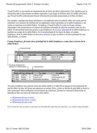 Manual del programador, Parte 2: Trabajar con datos                                    Página 12 de 133


 Visual FoxPro es un sistema de administración de bases de datos relacionales. Esto significa que se
 almacenan datos relacionados en tablas separadas y que luego se definen entre las tablas relaciones
 que Visual FoxPro utilizará para buscar información asociada almacenada en la base de datos.

 Por ejemplo, suponga que desea telefonear a un empleado para consultarle sobre una venta que ha
 realizado. Los números de teléfono de los empleados están registrados en la tabla Employee, y las
 ventas se registran en la tabla Orders. Al indicar a Visual FoxPro la venta en la que estamos
 interesados, éste puede buscar el número de teléfono utilizando la relación existente entre las dos
 tablas. El mecanismo funciona gracias a que Employee_id, la clave principal de la tabla Employee, es
 también un campo de la tabla Orders. En la terminología de las bases de datos, el campo
 Employee_id de la tabla Orders es una clave externa, ya que se refiere a la clave principal de una
 tabla distinta, o externa.

 Campo Employee_id como clave principal de la tabla Employee y como clave externa de la
 tabla Orders




 Así, para establecer una relación entre dos tablas (tabla A y tabla B) se agrega la clave principal de
 una de ellas a la otra, de forma que aparezca en ambas. Pero, ¿cómo se decide de qué tabla se toma la
 clave principal? Para configurar correctamente las relaciones, primero es necesario determinar su
 naturaleza. Hay tres tipos de relaciones entre tablas:

     l   Relaciones de uno a varios
     l   Relaciones de varios a varios
     l   Relaciones de uno a uno

 En el resto de esta sección se presenta un ejemplo de cada tipo de relación y se explica cómo diseñar




file://C:temp~hhE1A2.htm                                                                   30/05/2000
 