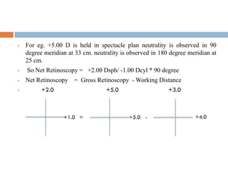 For eg. +5.00 D is held in spectacle plan neutrality is observed in 90
degree meridian at 33 cm. neutrality is observed in 180 degree meridian at
25 cm.
 So Net Retinoscopy = +2.00 Dsph/ -1.00 Dcyl * 90 degree
 Net Retinoscopy = Gross Retinoscopy - Working Distance
 +2.0 +5.0 +3.0
= - +4.0+5.0+1.0
 