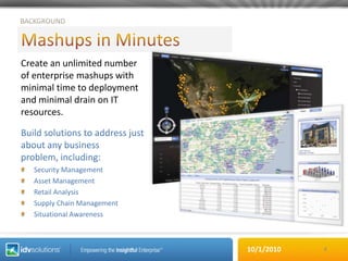Mashups in MinutesCreate an unlimited number of enterprise mashups with minimal time to deployment and minimal drain on IT resources.4BACKGROUNDBuild solutions to address just about any business problem, including:Security ManagementAsset ManagementRetail AnalysisSupply Chain ManagementSituational Awareness