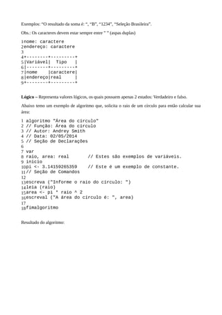 Exemplos: “O resultado da soma é: “, “B”, “1234”, “Seleção Brasileira”.
Obs.: Os caracteres devem estar sempre entre ” ” (aspas duplas)
1
2
3
4
5
6
7
8
9
nome: caractere
endereço: caractere
+--------+---------+
|Variável| Tipo |
|--------+---------+
|nome |caractere|
|endereço|real |
+--------+---------+
Lógico – Representa valores lógicos, os quais possuem apenas 2 estados: Verdadeiro e falso.
Abaixo temo um exemplo de algoritmo que, solicita o raio de um círculo para então calcular sua
área:
1
2
3
4
5
6
7
8
9
10
11
12
13
14
15
16
17
18
algoritmo "Área do círculo"
// Função: Área do círculo
// Autor: Andrey Smith
// Data: 02/05/2014
// Seção de Declarações
var
raio, area: real // Estes são exemplos de variáveis.
inicio
pi <- 3.14159265359 // Este é um exemplo de constante.
// Seção de Comandos
escreva ("Informe o raio do círculo: ")
leia (raio)
area <- pi * raio ^ 2
escreval ("A área do círculo é: ", area)
fimalgoritmo
Resultado do algoritmo:
 