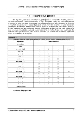 .: NAPRO :. NÚCLEO DE APOIO APRENDIZAGEM DE PROGRAMAÇÃO
ELABORADO POR BRUNO TONET & CRISTIAN KOLIVER 19
11 - Testando o Algoritmo
Um algoritmo, depois de ser elaborado, pode (e deve) ser testado. Para tal, utilizamos
um método conhecido como teste de mesa. O teste de mesa é como uma simulação de todos
os passos, ou seja, entradas, comandos e instruções do algoritmo, a fim de saber se ele chega
ao resultado a que se propõe e se a lógica está correta. Para tal, preenche-se uma tabela com
valores para as variáveis e segue-se o fluxo de execução do algoritmo, simulando a execução
de cada instrução, ou seja, refazendo o que o computador faria ao executar cada instrução. A
cada comando simulado (executado), o valor das variáveis na tabela deve ser atualizado. Se,
para uma instrução executada, uma ou mais variáveis não ficaram com os valores esperados,
há um erro na lógica do algoritmo.
Exemplo 11.1
Para cada variável você deve fazer uma coluna e uma coluna para saída de dados.
Algoritmo Teste de Mesa
Algoritmo
Var
a,b,c: REAL a b c Saída
Inicio ? ? ?
a <- 5 5 ? ?
b <- 15 5 15 ?
c <- a+b 5 15 20
escreva (c) 5 15 20 20
a <- 10 10 15 20
b <- 25 10 25 20
c <- a+b 10 25 35
escreva (c) 10 25 35 35
a <- a-b (10-25)= -15 25 35
escreva (a) -15 25 35 -15
a <- 0 0 25 35
b <- 0 0 0 35
c <- 0 0 0 0
Fimalgoritmo
Exercícios na página 43
 