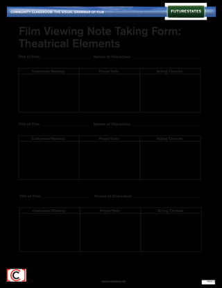 COMMUNITY CLASSROOM: THE VISUAL GRAMMAR OF FILM




    Film Viewing Note Taking Form:
    Theatrical Elements
   Title of Film:___________________________    Names of Characters: _____________________________________


           Costumes/Makeup                        Props/Sets                      Acting Choices




   Title of Film:___________________________    Names of Characters: _____________________________________


           Costumes/Makeup                        Props/Sets                      Acting Choices




    Title of Film:___________________________   Names of Characters: _____________________________________


           Costumes/Makeup                         Props/Sets                      Acting Choices




                                                    FUTURESTATES.TV                                          PAGE 9
 