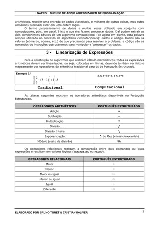.: NAPRO :. NÚCLEO DE APOIO APRENDIZAGEM DE PROGRAMAÇÃO


aritméticos, receber uma entrada de dados via teclado, e milhares de outras coisas, mas estes
comandos precisam estar em uma ordem lógica.
       O termo processamento de dados é muitas vezes utilizado em conjunto com
computadores, pois, em geral, é isto o que eles fazem: processar dados. Daí podem extrair os
dois componentes básicos de um algoritmo computacional (de agora em diante, esta palavra
sempre utilizada no contexto de algoritmos computacionais): dados e código. Dados são os
valores (números, nomes, etc.) de que precisamos para resolver o problema, e código são os
comandos ou instruções que usaremos para manipular e "processar" os dados.


                          3-       Linearização de Expressões
       Para a construção de algoritmos que realizam cálculo matemáticos, todas as expressões
aritméticas devem ser linearizadas, ou seja, colocadas em linhas, devendo também ser feito o
mapeamento dos operadores da aritmética tradicional para os do Português Estruturado.

Exemplo 3.1
                                                          ((2/3-(5-3))+1)*5
               2            
                − ( 5 − 3)  + 1 .5
               3            
                  Tradicional                            Computacional

       As tabelas seguintes mostram os operadores aritméticos disponíveis no Português
Estruturado.

              OPERADORES ARITMÉTICOS                       PORTUGUÊS ESTRUTURADO
                              Adição                                       +
                            Subtração                                      -
                          Multiplicação                                    *
                              Divisão                                      /
                         Divisão Inteira                                   
                         Exponenciação                      ^ ou Exp (<base>,<expoente>)
                  Módulo (resto da divisão)                                %

      Os operadores relacionais realizam a comparação entre dois operandos ou duas
expressões e resultam em valores lógicos (VERDADEIRO ou FALSO).

         OPERADORES RELACIONAIS                         PORTUGUÊS ESTRUTURADO
                          Maior                                       >
                         Menor                                        <

                    Maior ou igual                                    >=
                    Menor ou igual                                    <=
                          Igual                                       =
                        Diferente                                     <>




ELABORADO POR BRUNO TONET & CRISTIAN KOLIVER                                               5
 
