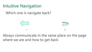 Intuitive Navigation
Always communicate in the same place on the page
where we are and how to get back
Which one is navigate back?
1 2
 