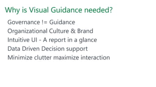 Why is Visual Guidance needed?
Governance != Guidance
Organizational Culture & Brand
Intuitive UI - A report in a glance
Data Driven Decision support
Minimize clutter maximize interaction
 