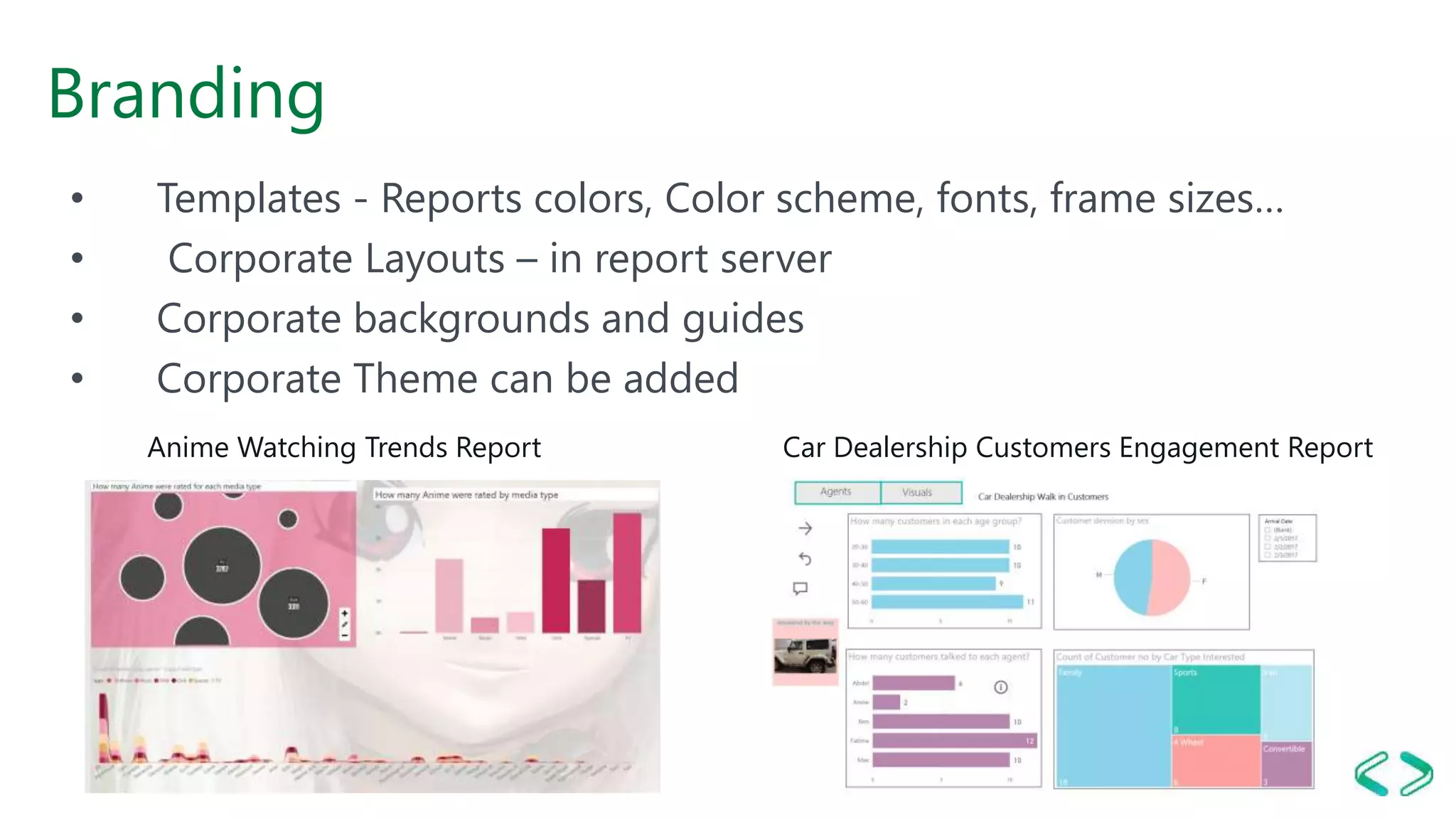 Branding
• Templates - Reports colors, Color scheme, fonts, frame sizes…
• Corporate Layouts – in report server
• Corporate backgrounds and guides
• Corporate Theme can be added
Anime Watching Trends Report Car Dealership Customers Engagement Report
 