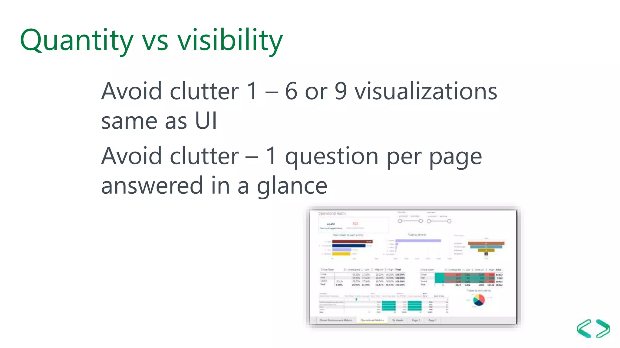 Quantity vs visibility
Avoid clutter 1 – 6 or 9 visualizations
same as UI
Avoid clutter – 1 question per page
answered in a glance
 