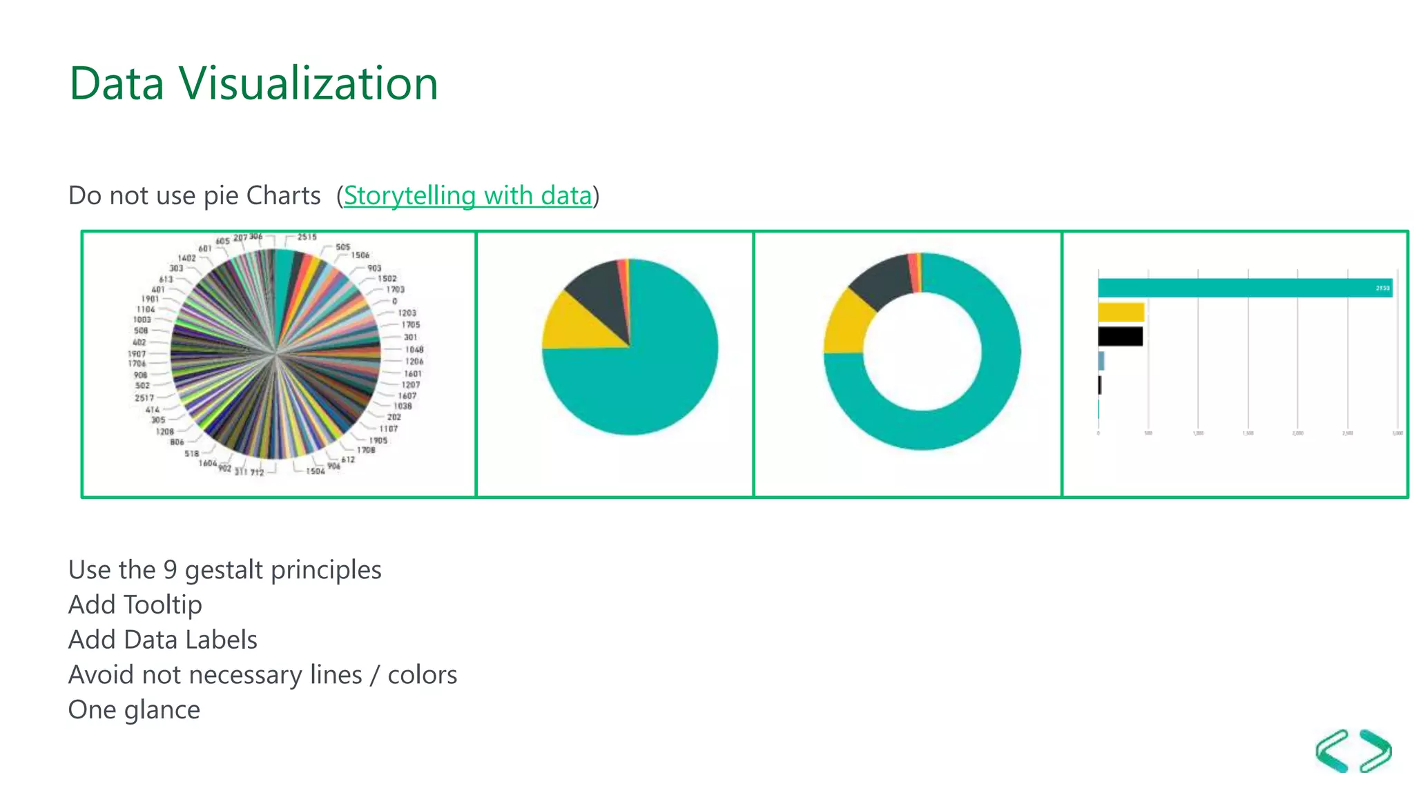 Data Visualization
Do not use pie Charts (Storytelling with data)
Use the 9 gestalt principles
Add Tooltip
Add Data Labels
Avoid not necessary lines / colors
One glance
 