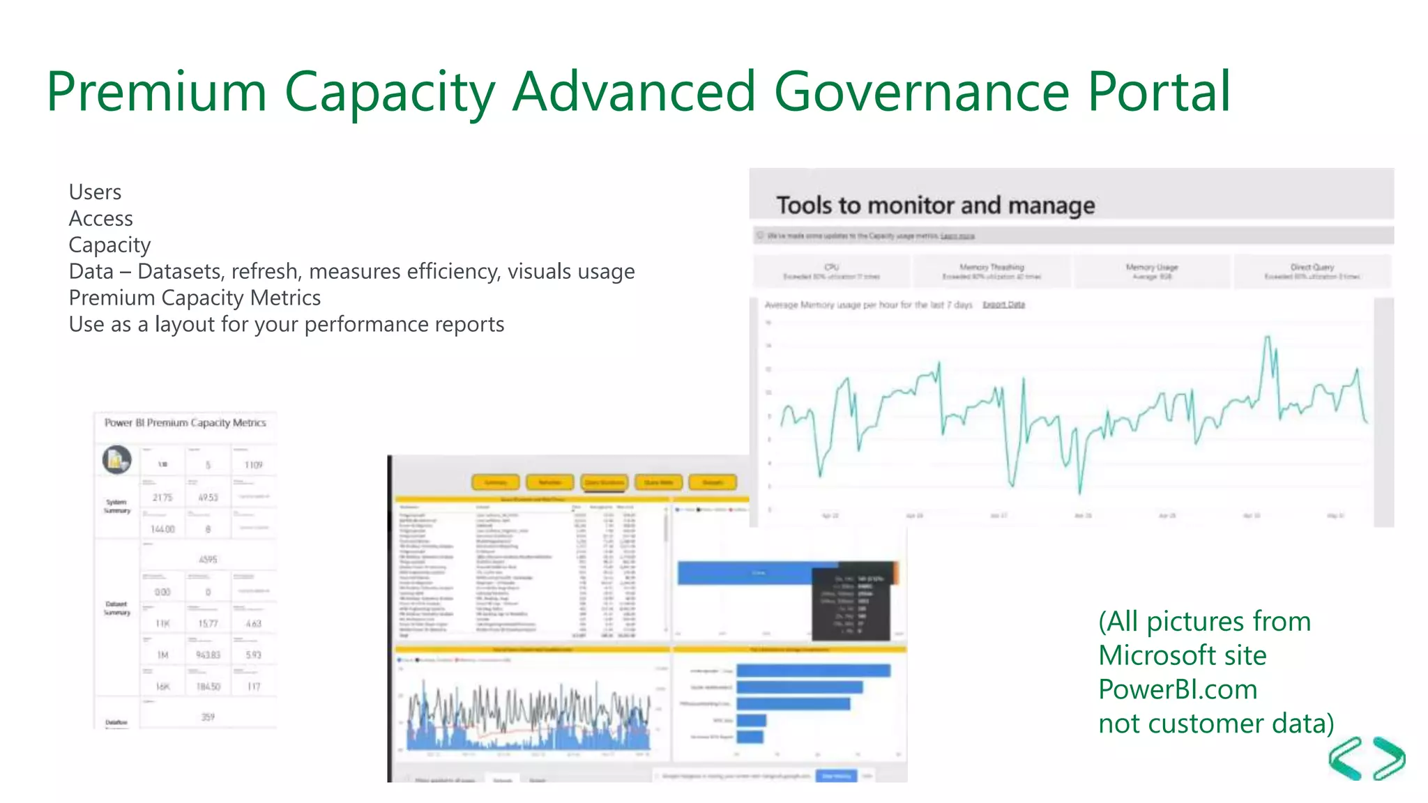 Premium Capacity Advanced Governance Portal
Users
Access
Capacity
Data – Datasets, refresh, measures efficiency, visuals usage
Premium Capacity Metrics
Use as a layout for your performance reports
(All pictures from
Microsoft site
PowerBI.com
not customer data)
 