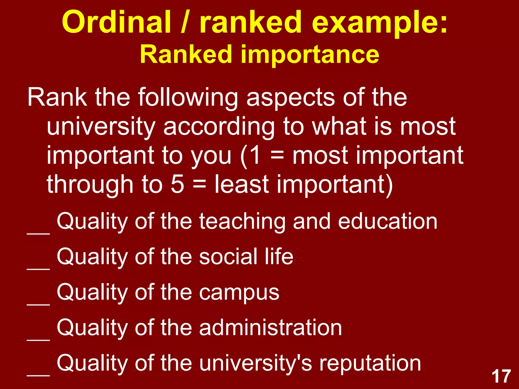 Levels of measurement N ominal / Categorical  