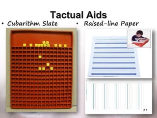 Tactual Aids
• Cubarithm Slate
38
• Raised-line Paper
 