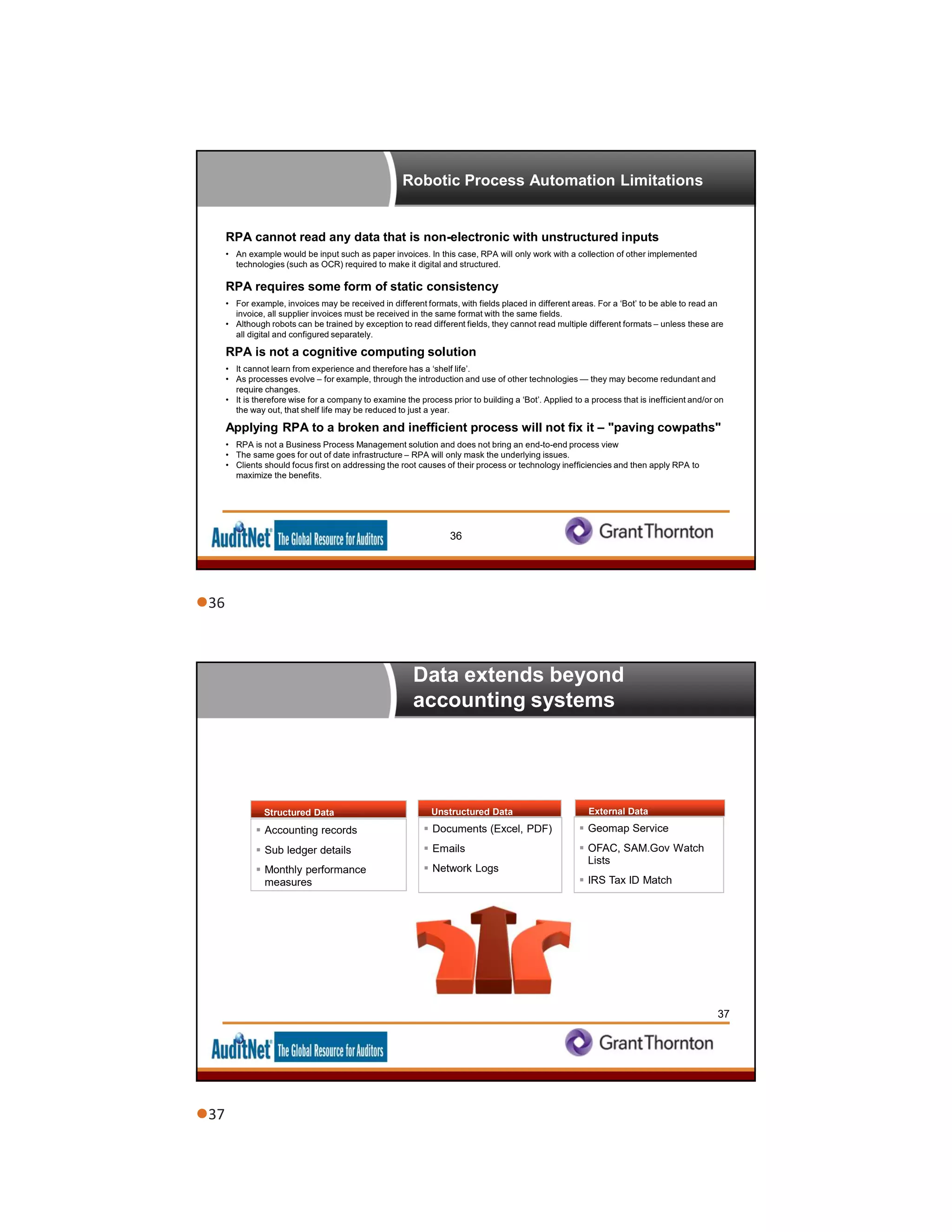 Robotic Process Automation Limitations
36
RPA cannot read any data that is non-electronic with unstructured inputs
• An example would be input such as paper invoices. In this case, RPA will only work with a collection of other implemented
technologies (such as OCR) required to make it digital and structured.
RPA requires some form of static consistency
• For example, invoices may be received in different formats, with fields placed in different areas. For a ‘Bot’ to be able to read an
invoice, all supplier invoices must be received in the same format with the same fields.
• Although robots can be trained by exception to read different fields, they cannot read multiple different formats – unless these are
all digital and configured separately.
RPA is not a cognitive computing solution
• It cannot learn from experience and therefore has a ‘shelf life’.
• As processes evolve – for example, through the introduction and use of other technologies — they may become redundant and
require changes.
• It is therefore wise for a company to examine the process prior to building a ‘Bot’. Applied to a process that is inefficient and/or on
the way out, that shelf life may be reduced to just a year.
Applying RPA to a broken and inefficient process will not fix it – "paving cowpaths"
• RPA is not a Business Process Management solution and does not bring an end-to-end process view
• The same goes for out of date infrastructure – RPA will only mask the underlying issues.
• Clients should focus first on addressing the root causes of their process or technology inefficiencies and then apply RPA to
maximize the benefits.
Data extends beyond
accounting systems
37
Structured Data
 Accounting records
 Sub ledger details
 Monthly performance
measures
Unstructured DataUnstructured Data
 Documents (Excel, PDF)
 Emails
 Network Logs
External DataExternal Data
 Geomap Service
 OFAC, SAM.Gov Watch
Lists
 IRS Tax ID Match
36
37
 