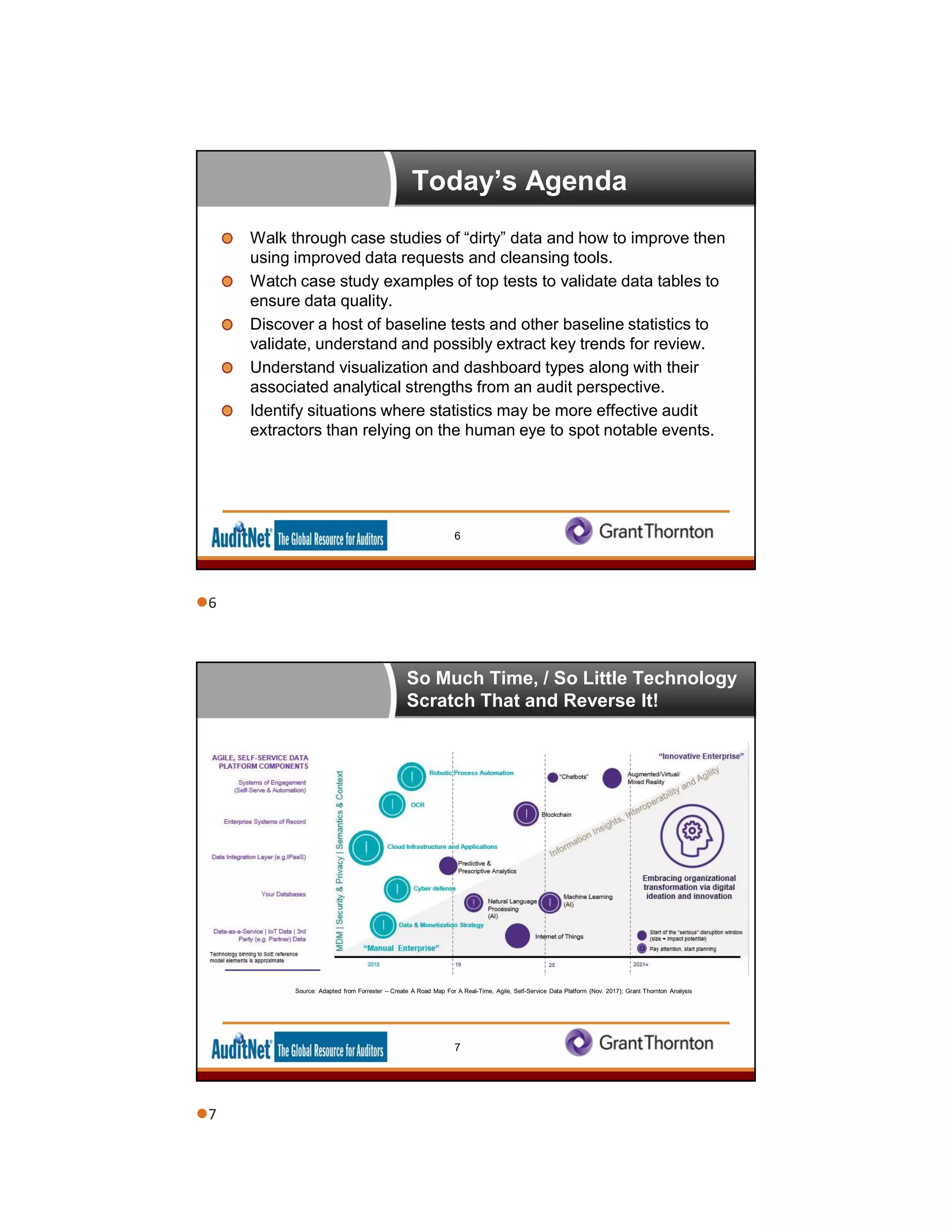 Today’s Agenda
Walk through case studies of “dirty” data and how to improve then
using improved data requests and cleansing tools.
Watch case study examples of top tests to validate data tables to
ensure data quality.
Discover a host of baseline tests and other baseline statistics to
validate, understand and possibly extract key trends for review.
Understand visualization and dashboard types along with their
associated analytical strengths from an audit perspective.
Identify situations where statistics may be more effective audit
extractors than relying on the human eye to spot notable events.
6
Our perspective on the technology landscape
Source: Adapted from Forrester – Create A Road Map For A Real-Time, Agile, Self-Service Data Platform (Nov. 2017); Grant Thornton Analysis
7
So Much Time, / So Little Technology
Scratch That and Reverse It!
6
7
 