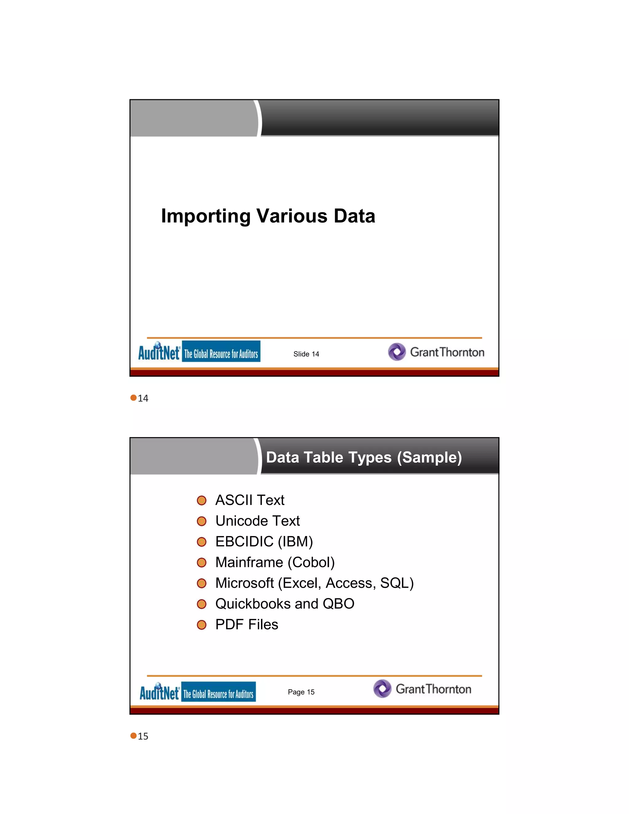 Importing Various Data
Slide 14
Data Table Types (Sample)
ASCII Text
Unicode Text
EBCIDIC (IBM)
Mainframe (Cobol)
Microsoft (Excel, Access, SQL)
Quickbooks and QBO
PDF Files
Page 15
14
15
 
