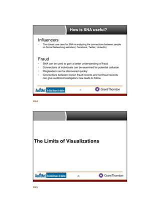 How is SNA useful?
Influencers
• The classic use case for SNA is analyzing the connections between people
on Social Networking websites ( Facebook, Twitter, LinkedIn)
Fraud
• SNA can be used to gain a better understanding of fraud
• Connections of individuals can be examined for potential collusion
• Ringleaders can be discovered quickly
• Connections between known fraud records and nonfraud records
can give auditors/investigators new leads to follow
44
The Limits of Visualizations
45
44
45
 