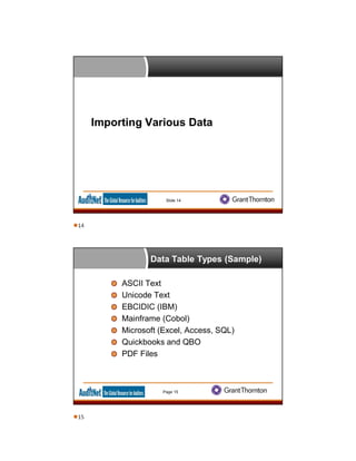 Importing Various Data
Slide 14
Data Table Types (Sample)
ASCII Text
Unicode Text
EBCIDIC (IBM)
Mainframe (Cobol)
Microsoft (Excel, Access, SQL)
Quickbooks and QBO
PDF Files
Page 15
14
15
 