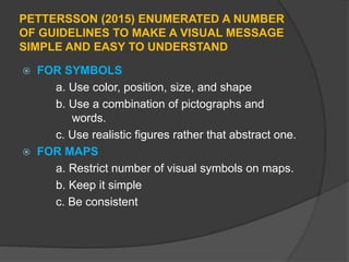 PETTERSSON (2015) ENUMERATED A NUMBER
OF GUIDELINES TO MAKE A VISUAL MESSAGE
SIMPLE AND EASY TO UNDERSTAND
 FOR SYMBOLS
a. Use color, position, size, and shape
b. Use a combination of pictographs and
words.
c. Use realistic figures rather that abstract one.
 FOR MAPS
a. Restrict number of visual symbols on maps.
b. Keep it simple
c. Be consistent
 