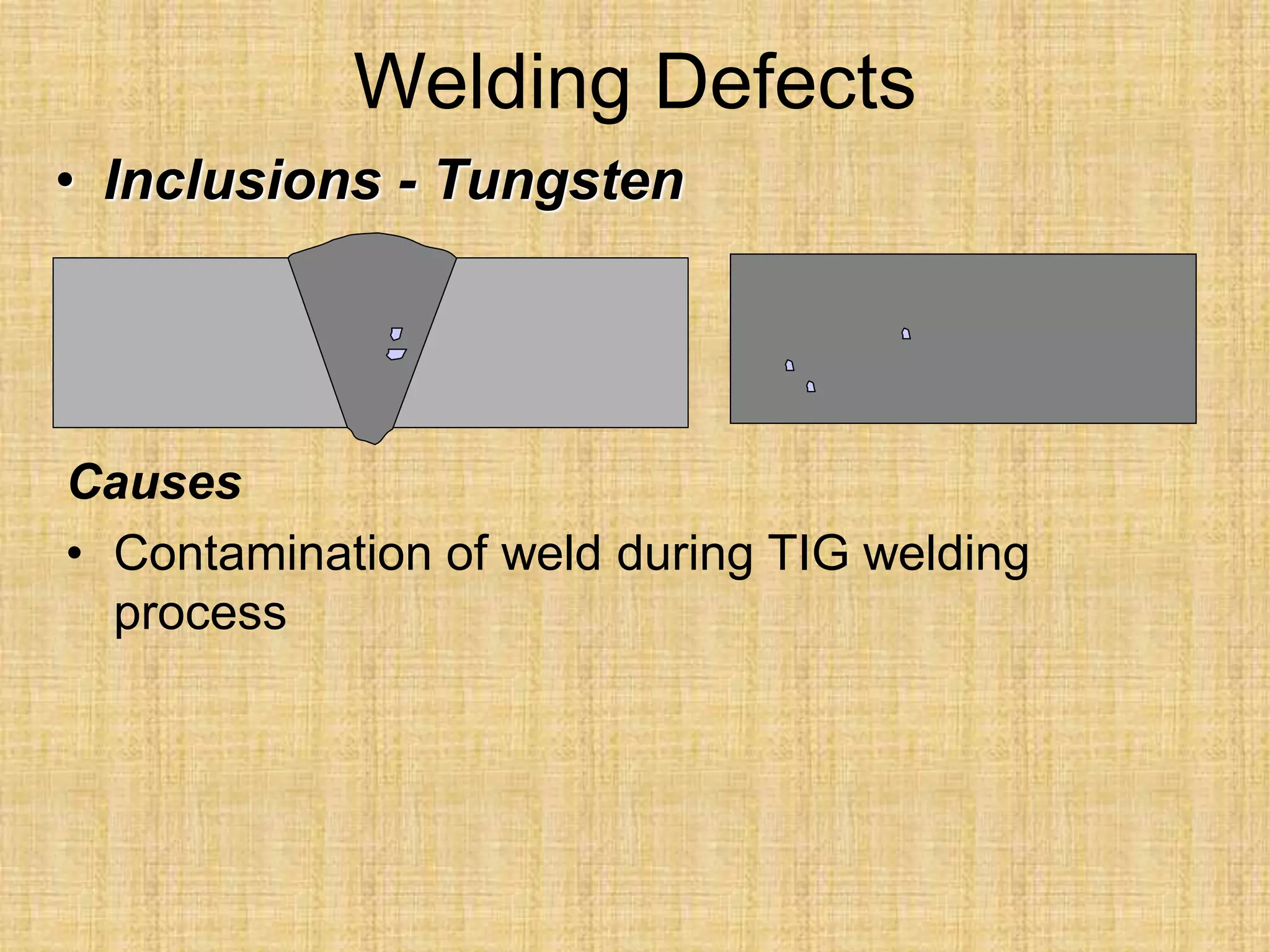 Welding Defects
• Inclusions - Tungsten
Causes
• Contamination of weld during TIG welding
process
 