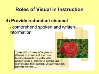 Roles of Visual in Instruction
4) Provide redundant channel
- comprehend spoken and written
information
 