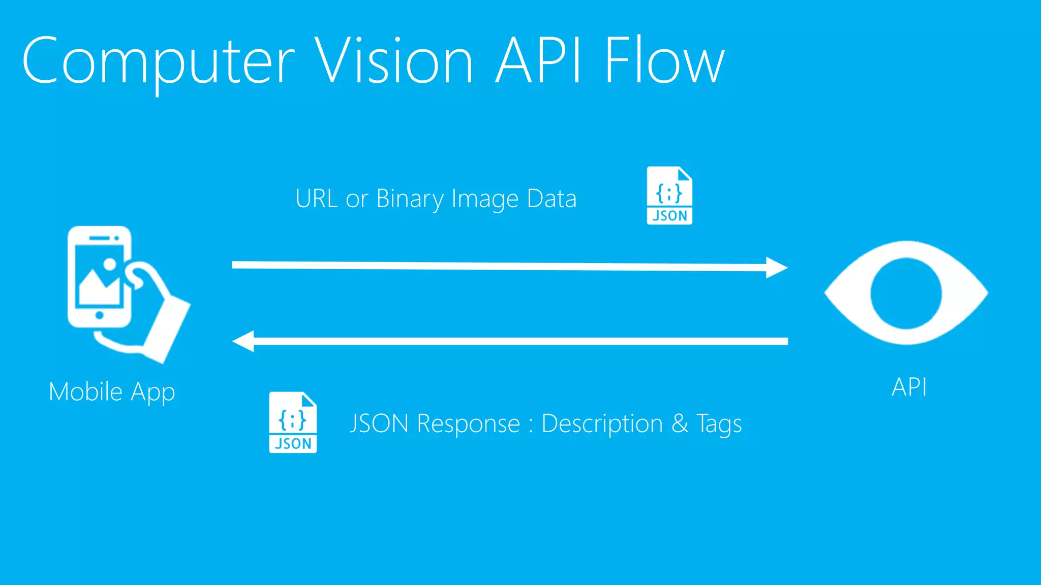 Computer Vision API Flow
URL or Binary Image Data
JSON Response : Description & Tags
Mobile App API