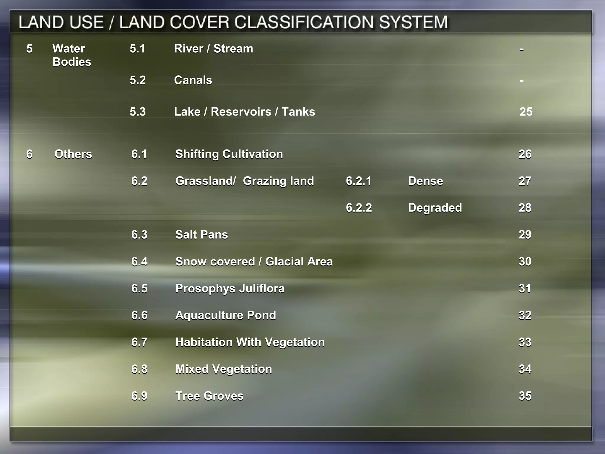 6 Others 6.1 Shifting Cultivation 26
6.2 Grassland/ Grazing land 6.2.1 Dense 27
6.2.2 Degraded 28
6.3 Salt Pans 29
6.4 Snow covered / Glacial Area 30
6.5 Prosophys Juliflora 31
6.6 Aquaculture Pond 32
6.7 Habitation With Vegetation 33
6.8 Mixed Vegetation 34
6.9 Tree Groves 35
5 Water
Bodies
5.1 River / Stream -
5.2 Canals -
5.3 Lake / Reservoirs / Tanks 25
6 Others 6.1 Shifting Cultivation 26
6.2 Grassland/ Grazing land 6.2.1 Dense 27
6.2.2 Degraded 28
6.3 Salt Pans 29
6.4 Snow covered / Glacial Area 30
6.5 Prosophys Juliflora 31
6.6 Aquaculture Pond 32
6.7 Habitation With Vegetation 33
6.8 Mixed Vegetation 34
6.9 Tree Groves 35
5 Water
Bodies
5.1 River / Stream -
5.2 Canals -
5.3 Lake / Reservoirs / Tanks 25
 