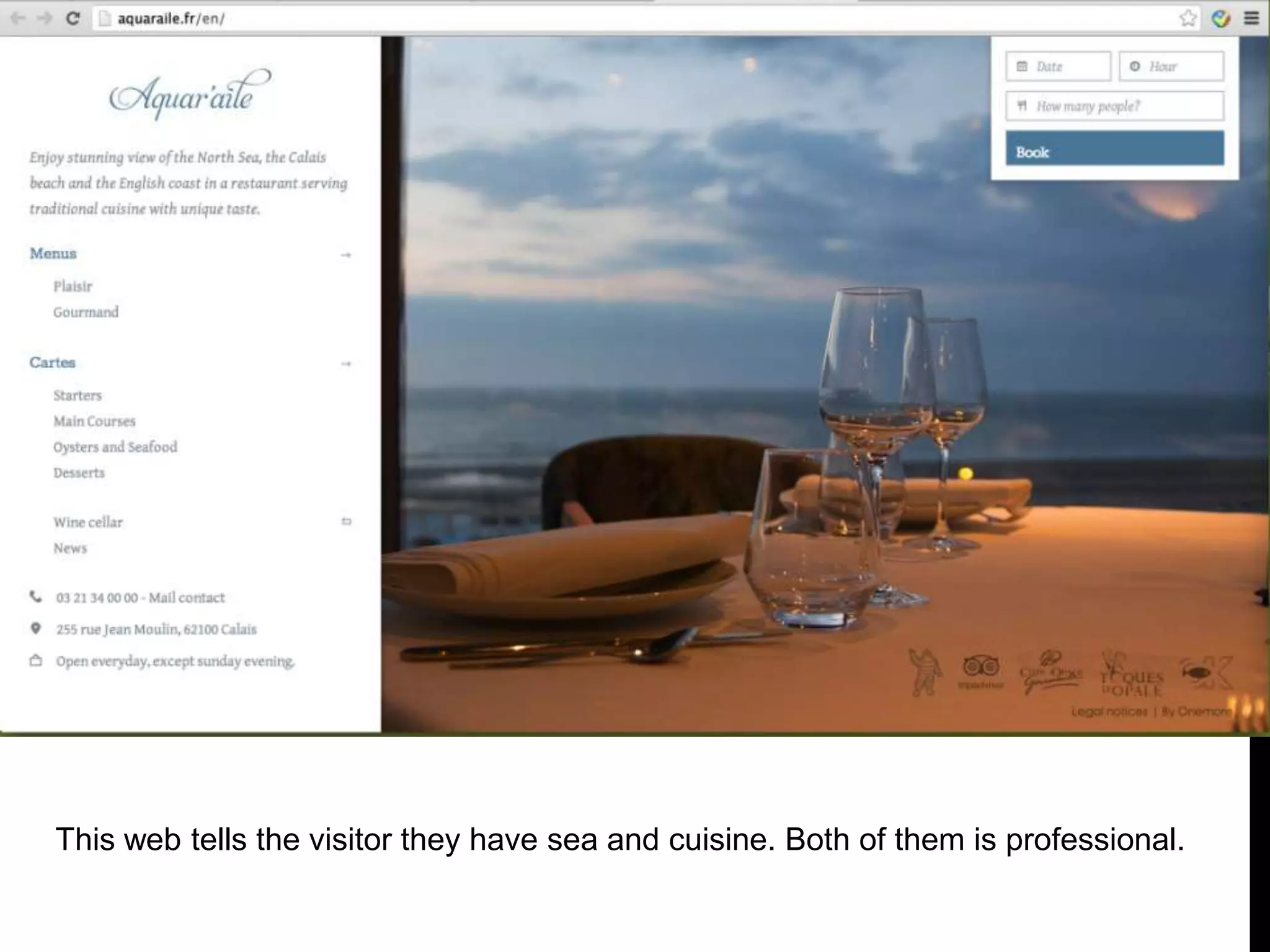 This web tells the visitor they have sea and cuisine. Both of them is professional.
 