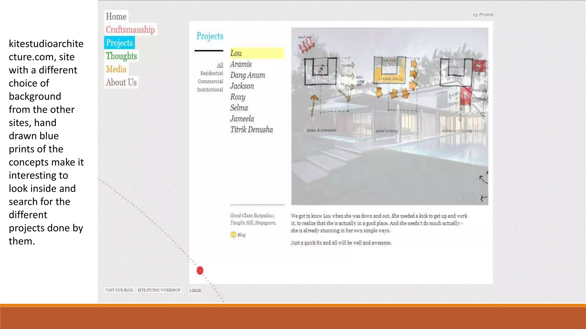 kitestudioarchite
cture.com, site
with a different
choice of
background
from the other
sites, hand
drawn blue
prints of the
concepts make it
interesting to
look inside and
search for the
different
projects done by
them.
 