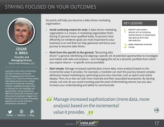 Staying Focused on Your Outcomes
Six points will help you become a data-driven marketing
organization:
•	 Avoid confusing means for ends. A data-driven marketing
organization is a means. A marketing organization that’s
driving 10 percent more qualified leads, 10 percent more
efficiently (or whatever goals are most important to your
business) is an end that can help galvanize and focus your
journey to become data driven.
•	 Work from the specific to the general. “Becoming data
driven” is general. Identifying and aligning a specific set of potential opportunities to investigate
and realize with data and analysis—and managing this set as a dynamic portfolio from which
you expect returns—is specific and accountable.
•	 Start simple. Manage increased sophistication (more data, more analysis) based on the
incremental value it provides. For example, a marketer can start the journey toward complex
attribution-based marketing by optimizing across two channels, such as search and online
display. Then, he or she can add more channels and their associated touchpoints. By starting
simple, not only do you avoid investing past the point of diminishing returns, but you also
increase your understanding and ability to communicate.
Cesar
A. Brea
Cesar Brea is the author of Marketing
and Sales Analytics and founder
and managing partner of Force Five
Partners, LLC. Force Five Partners works
with leading brands across multiple
industries to build their marketing
analytics capabilities through hands-
on solutions for real challenges and
opportunities. Having received his
MBA from Dartmouth University’s Tuck
School and his bachelor’s degree from
Harvard, Cesar has 30 years of business
experience as a senior executive,
entrepreneur, and advisor.
Founder and
Managing Partner,
Force Five Partners, LLC
Manageincreasedsophistication(moredata,more
analysis)basedontheincremental
valueitprovides.
Identify and align a
specific set of potential
opportunities to investigate
and realize with data
and analysis.
Work iteratively in 90-day
cycles.
Key Lessons
1
2
Sponsored by: 17
Twitter I Website I Blog
b
 