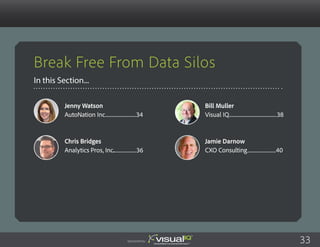 Break Free From Data Silos
In this Section...
Bill Muller
Visual IQ..........................................38
Jamie Darnow
CXO Consulting.........................40
Jenny Watson
AutoNation Inc...........................34
Chris Bridges
Analytics Pros, Inc....................36
33Sponsored by:
 