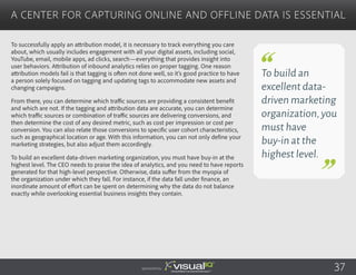 To successfully apply an attribution model, it is necessary to track everything you care
about, which usually includes engagement with all your digital assets, including social,
YouTube, email, mobile apps, ad clicks, search—everything that provides insight into
user behaviors. Attribution of inbound analytics relies on proper tagging. One reason
attribution models fail is that tagging is often not done well, so it’s good practice to have
a person solely focused on tagging and updating tags to accommodate new assets and
changing campaigns.
From there, you can determine which traffic sources are providing a consistent benefit
and which are not. If the tagging and attribution data are accurate, you can determine
which traffic sources or combination of traffic sources are delivering conversions, and
then determine the cost of any desired metric, such as cost per impression or cost per
conversion. You can also relate those conversions to specific user cohort characteristics,
such as geographical location or age. With this information, you can not only define your
marketing strategies, but also adjust them accordingly.
To build an excellent data-driven marketing organization, you must have buy-in at the
highest level. The CEO needs to praise the idea of analytics, and you need to have reports
generated for that high-level perspective. Otherwise, data suffer from the myopia of
the organization under which they fall. For instance, if the data fall under finance, an
inordinate amount of effort can be spent on determining why the data do not balance
exactly while overlooking essential business insights they contain.
A Center for Capturing Online and Offline Data Is Essential
Sponsored by: 37
To build an
excellent data-
driven marketing
organization,you
must have
buy-in at the
highest level.
 