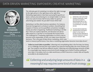 Data-Driven Marketing Empowers Creative Marketing
The ultimate goal of marketing is to deliver the right message
to the right person in the right place at the right time.
Marketing organizations have been pursuing this goal for at
least a century, but achieving it is no simple matter. As Henry
Ford once said, he knew half of every dollar he spent on
advertising was wasted. He just didn’t know which half.
Marketing is not like other business operations. For instance,
financial management is all about numbers. Everything that
happens in finance can be quantified, so business managers
clearly see what is happening. Traditional marketing is not like
that. There are creative elements, and decisions are all too
often based on a “gut feel” to incorporate the human factor.
The challenge for a marketing organization is to find a way to
become more measurable, so they can make more informed
decisions. This is the goal of data-driven marketing, which uses
tools to measure performance. How does a marketing organization become more data driven?
•	 Collect as much data as possible. Collecting and consolidating data is the first step, but doing
so is a challenge, because the more systems you have for tracking data, the more answers you
get. Two systems may tell two different stories. Collecting and analyzing large amounts of data
in a meaningful way requires some kind of truth strategy, part of which involves putting all
your data in one place, such as a data warehouse, so that it becomes a master data set equally
accessible to all analytical tools.
Michael
Schneider
Michael Schneider is head of web
analytics and trading at CTS Eventim
AG & Co. KGaA, the market leader for
the entertainment ticketing industry in
Europe. Using an integrated, data-driven
approach, he oversees the performance
and efficiency of the company and its
online marketing channels to optimize
the user experience. Prior to that,
Michael was with arvato Bertelsmann
as head of Data Intelligence in charge of
online marketing business intelligence,
analytics, and optimization.
Head of Web Analytics &
Trading,
CTS Eventim AG & Co. KGaA
Collectingandanalyzinglargeamountsofdataina
meaningfulwayrequiressomekindoftruthstrategy.
Marketing is not like other
business operations. There
are creative elements,
and decisions are all too
often based on a “gut feel”
to incorporate the human
factor.
The data-driven marketing
organization is successful
when it is truly able to
deliver the right message to
the right person in the right
place at the right time.
Key Lessons
1
2
Sponsored by: 51
Website
 