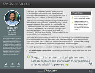 Analysis to Action
A few years ago, my former company created a display
ad retargeting solution. The company wanted it to track
impressions, clicks that indicated interest, and conversions. It
wanted the metrics it shared to align with those goals.
Attribution was absolutely core to measuring the effectiveness
of those efforts. The organization tracked everything—where
site traffic came from, what drove it, etc. The company put
a premium on insights that could actually change the way
it did things. It was aware that there were numerous points
of possible attribution: a single channel rarely leads to a
conversion. Therefore, understanding the influences within and
across multiple channels was critical.
At the time, of course, marketers did not have as much technology to track and measure all the
multi-channel interactions they would have liked, but that’s changing. Today, as organizations
move beyond basic last-click and other traditional attribution methods, marketers are growing
much more comfortable with algorithmic and probabilistic attribution models.
If I were to give someone advice about creating a data-driven marketing organization, it would be:
•	 Get organizational commitment. Philosophical alignment from the top down is the first order
of business.
Arjun Dev
Arora
Arjun Dev Arora is the co-founder of
Immediately, a mobile application
that enables sales people to focus on
building meaningful relationships.
Previously, he founded ReTargeter, an
Inc. 500 fastest-growing company in
2013 that was acquired in 2015. He has
also worked as the head of business
development for Yahoo! Real Estate
and was an investment banker as
well. He is a notable angel investor
and advisor to various startups.
Co-founder,
Immediately
One goal of data-driven marketing is to ensure that
data are captured and shared with the organization
at large and with its partners.
Focus on insights that will
lead to operational change.
Data-driven marketing is
about transparency. If you
don’t share data and let
it drive business results,
you might as well not even
collect it.
Key Lessons
1
2
Twitter I Website I Blog
b
Sponsored by: 62
 